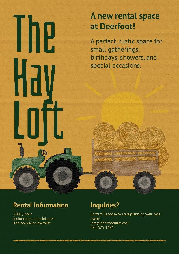 The Hay Loft flyer: a new rental space at Deerfoot, ideal for small gatherings.